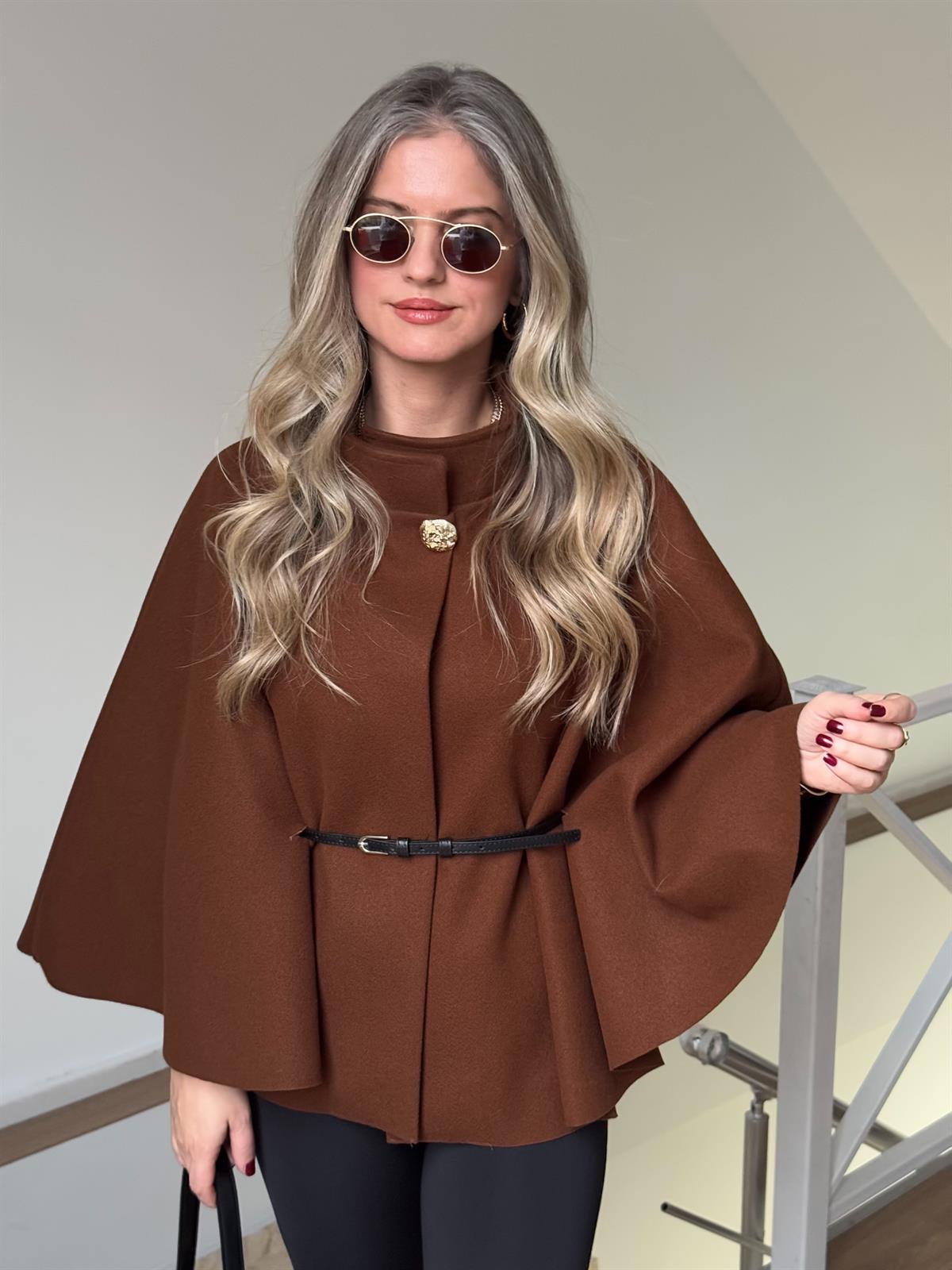 Kendinden Kemerli Kaşe Pelerin - Kahverengi