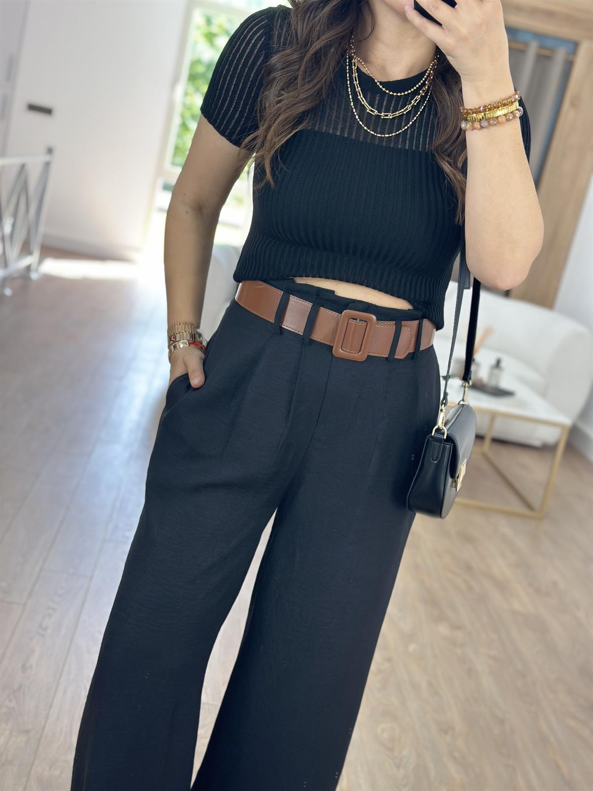 Kendinden Kemerli Keten Dokuda Palazzo Pantolon-Siyah