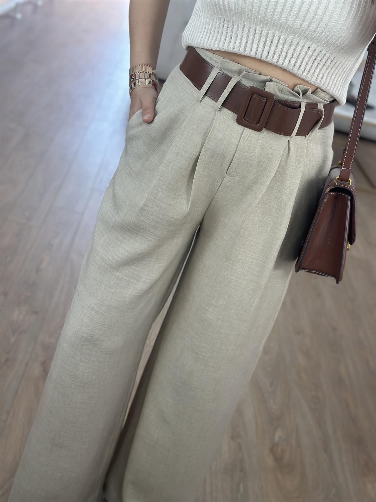 Kendinden Kemerli Keten Dokuda Palazzo Pantolon-Vizon