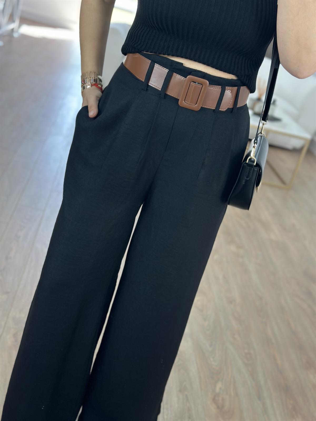 Kendinden Kemerli Keten Dokuda Palazzo Pantolon-Siyah