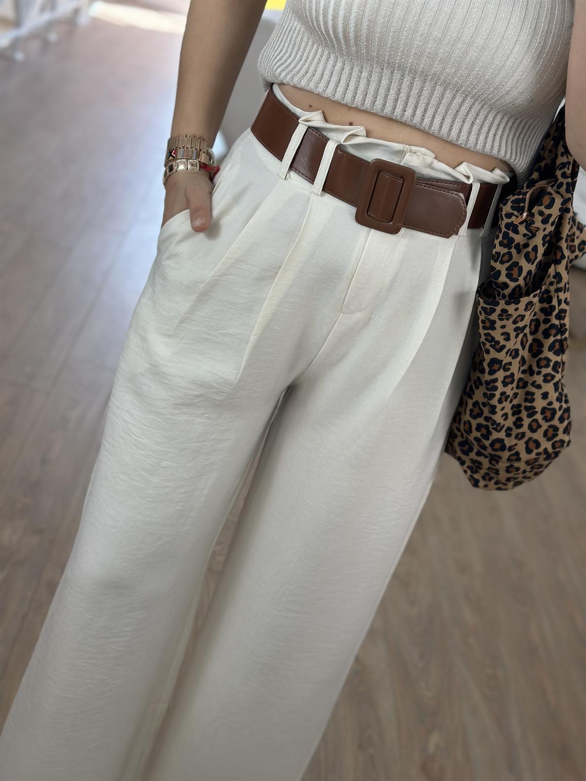 Kendinden Kemerli Keten Dokuda Palazzo Pantolon-Taş