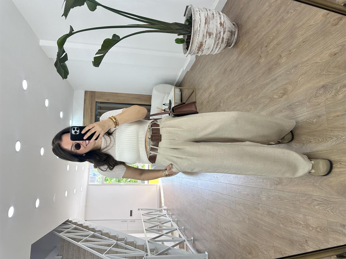 Kendinden Kemerli Keten Dokuda Palazzo Pantolon-Vizon