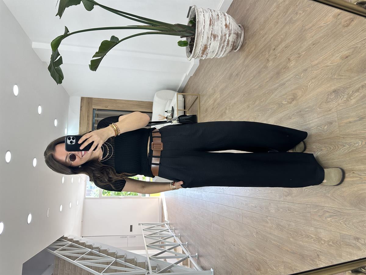 Kendinden Kemerli Keten Dokuda Palazzo Pantolon-Siyah