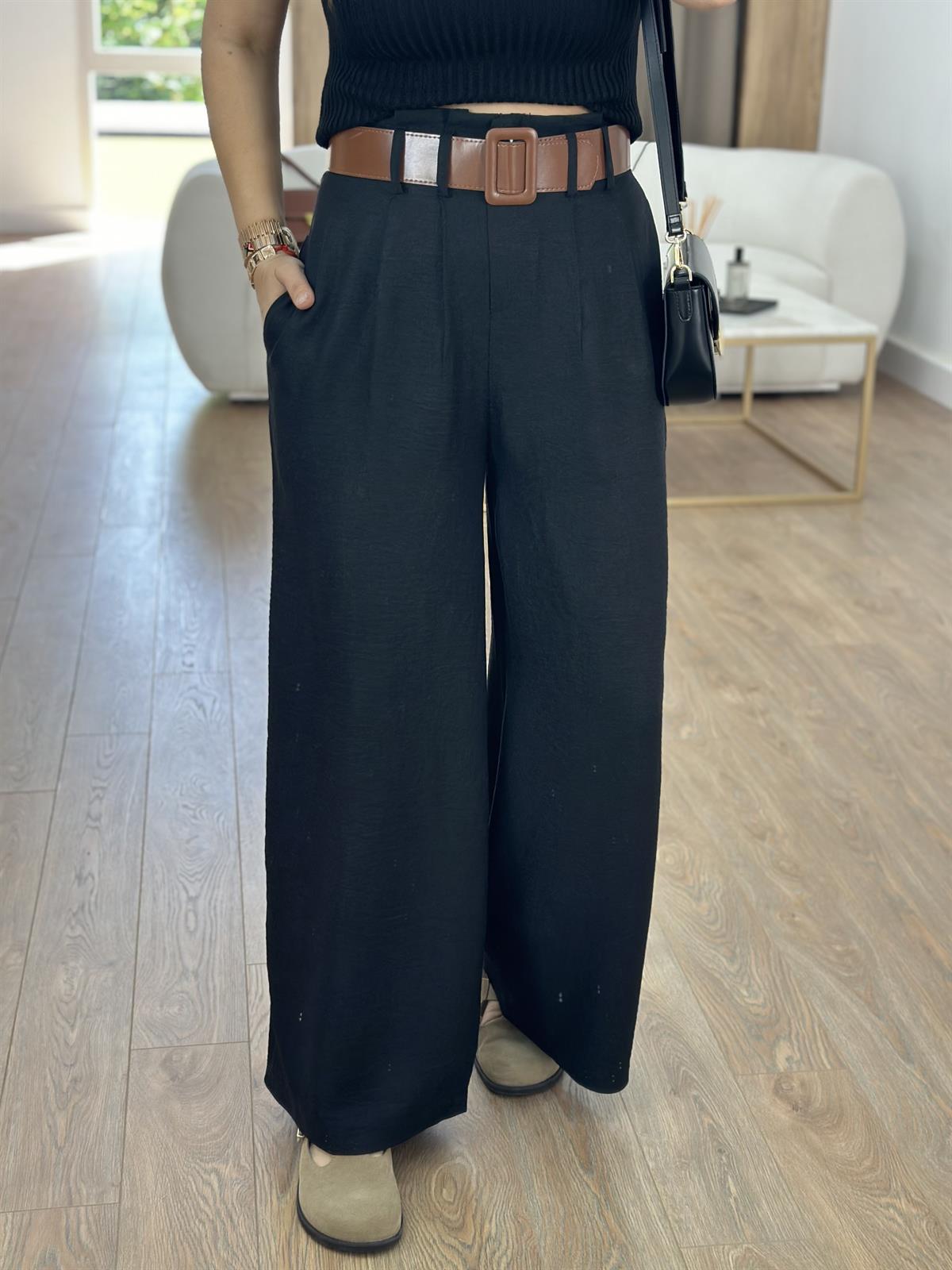 Kendinden Kemerli Keten Dokuda Palazzo Pantolon-Siyah