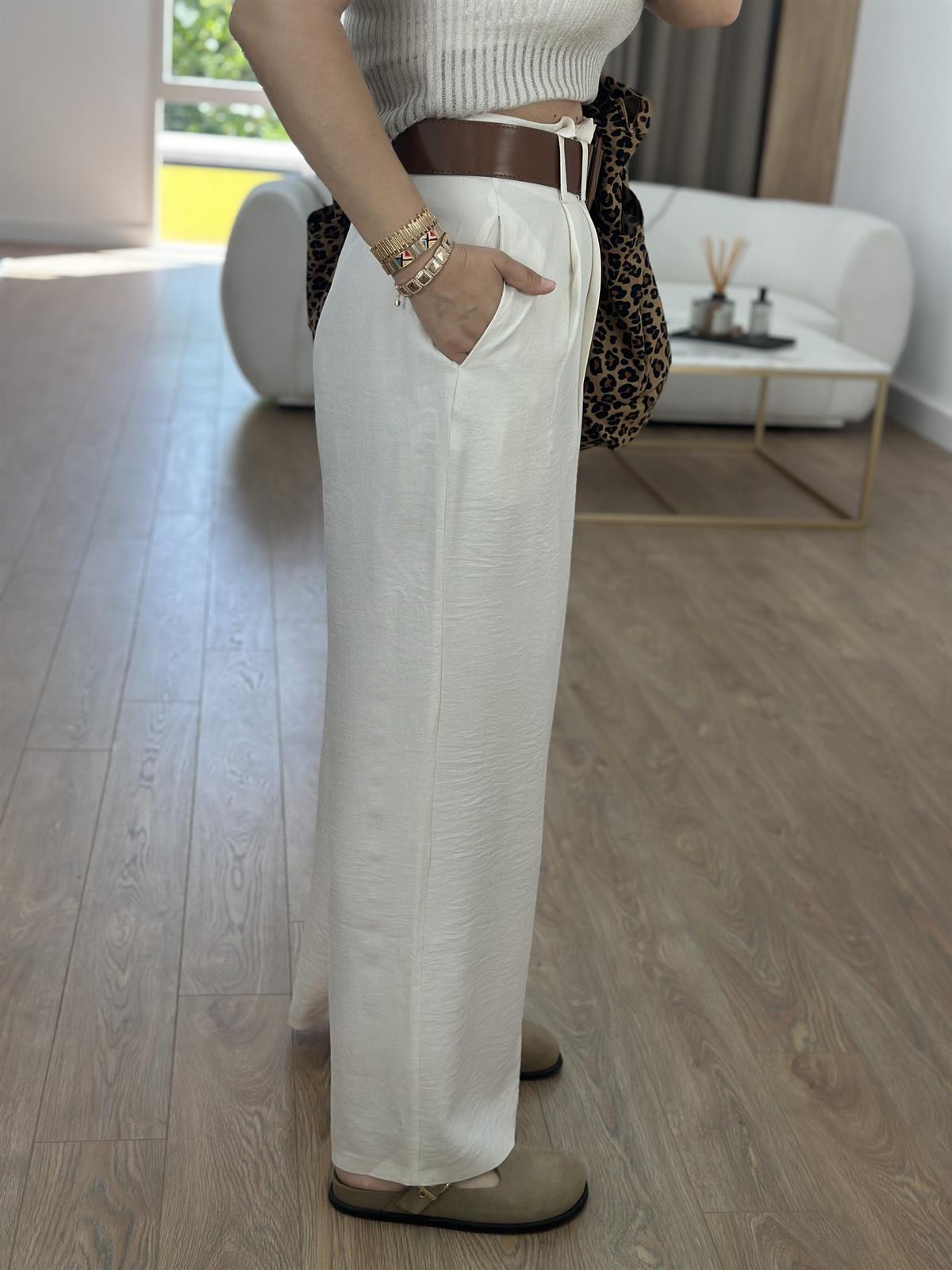 Kendinden Kemerli Keten Dokuda Palazzo Pantolon-Taş