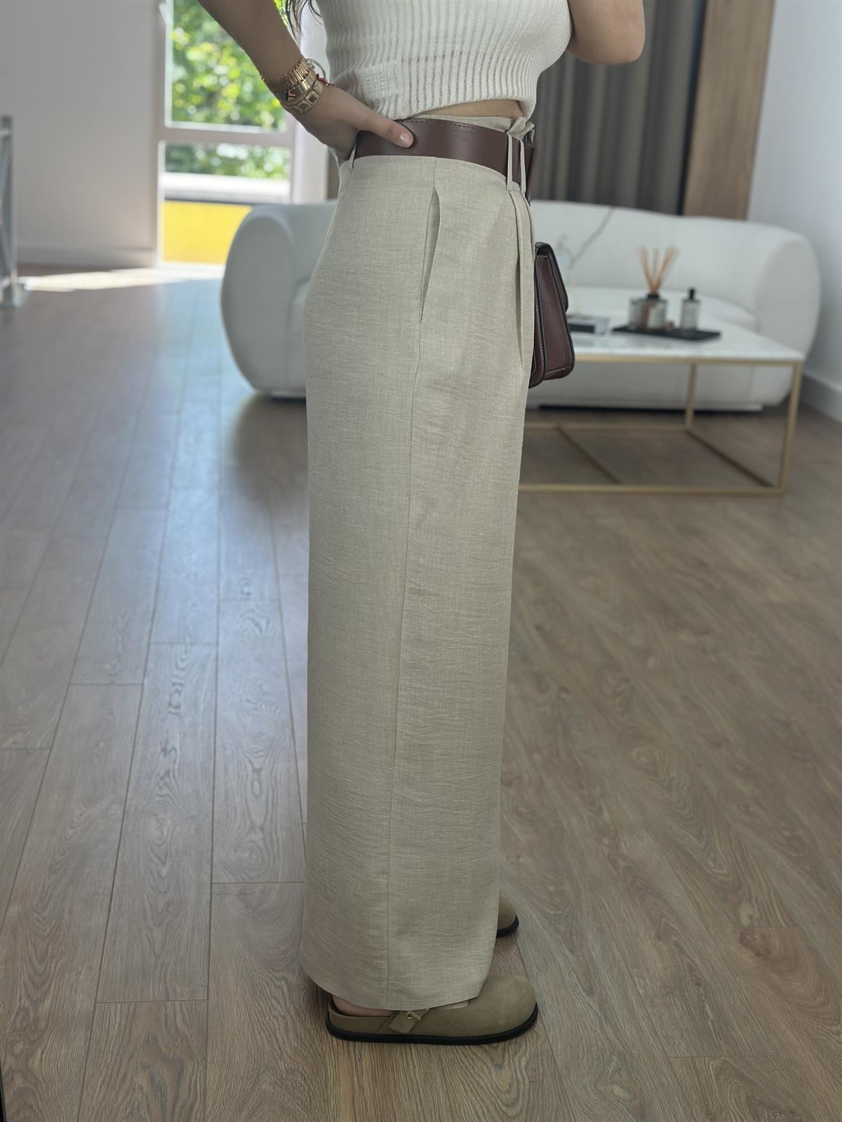 Kendinden Kemerli Keten Dokuda Palazzo Pantolon-Vizon