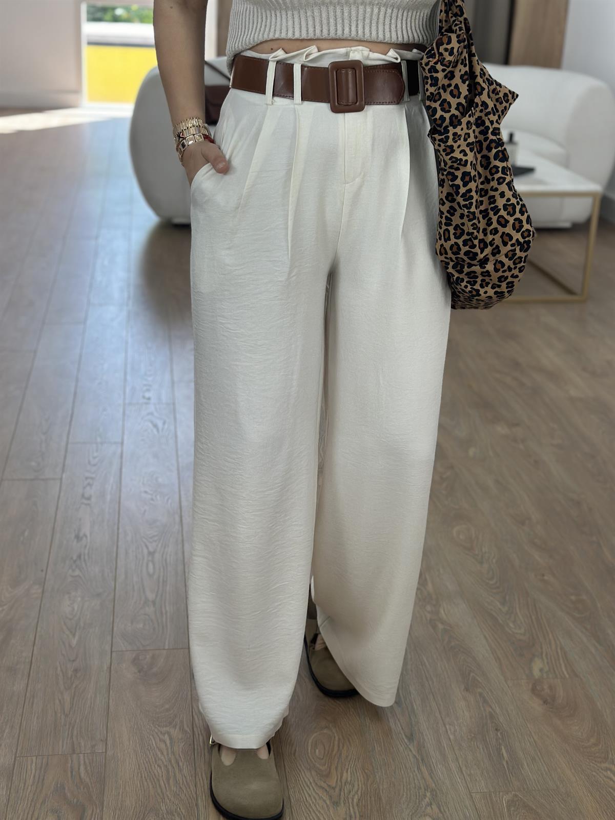Kendinden Kemerli Keten Dokuda Palazzo Pantolon-Taş