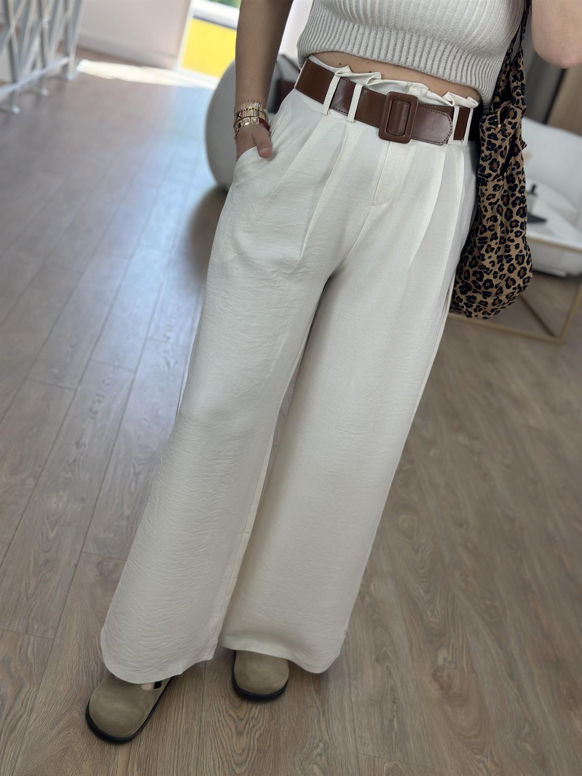 Kendinden Kemerli Keten Dokuda Palazzo Pantolon-Taş