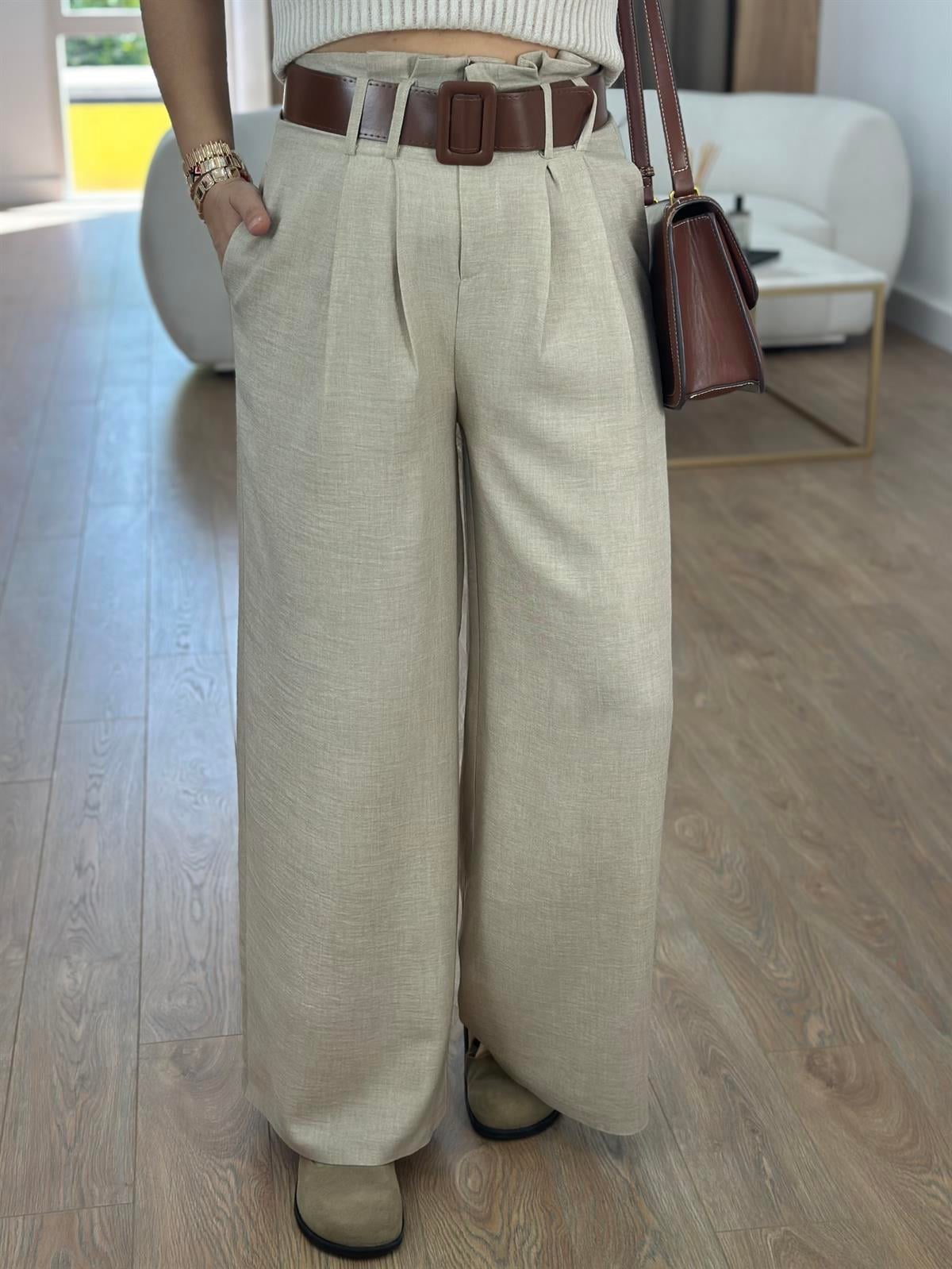 Kendinden Kemerli Keten Dokuda Palazzo Pantolon-Vizon