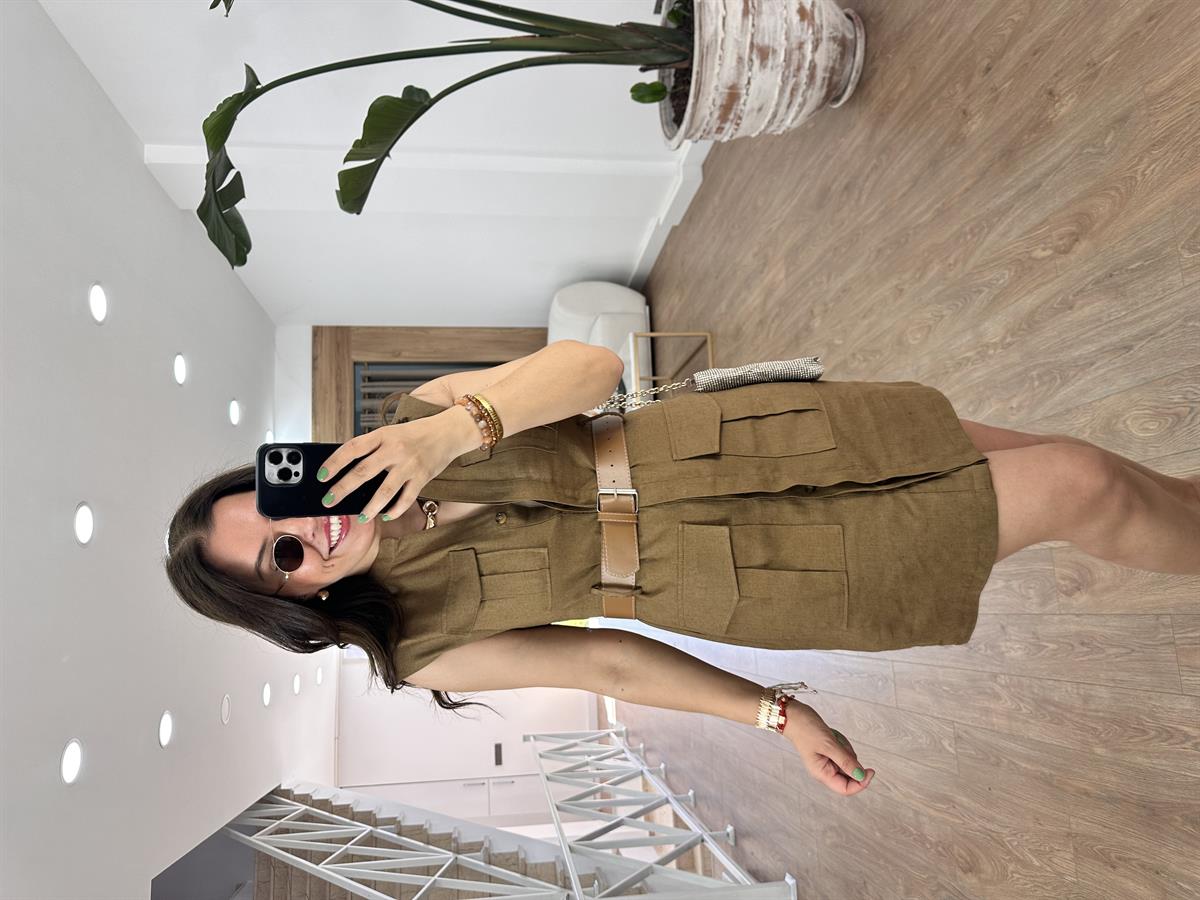 Kendinden Kemerli Keten Elbise-Kahverengi