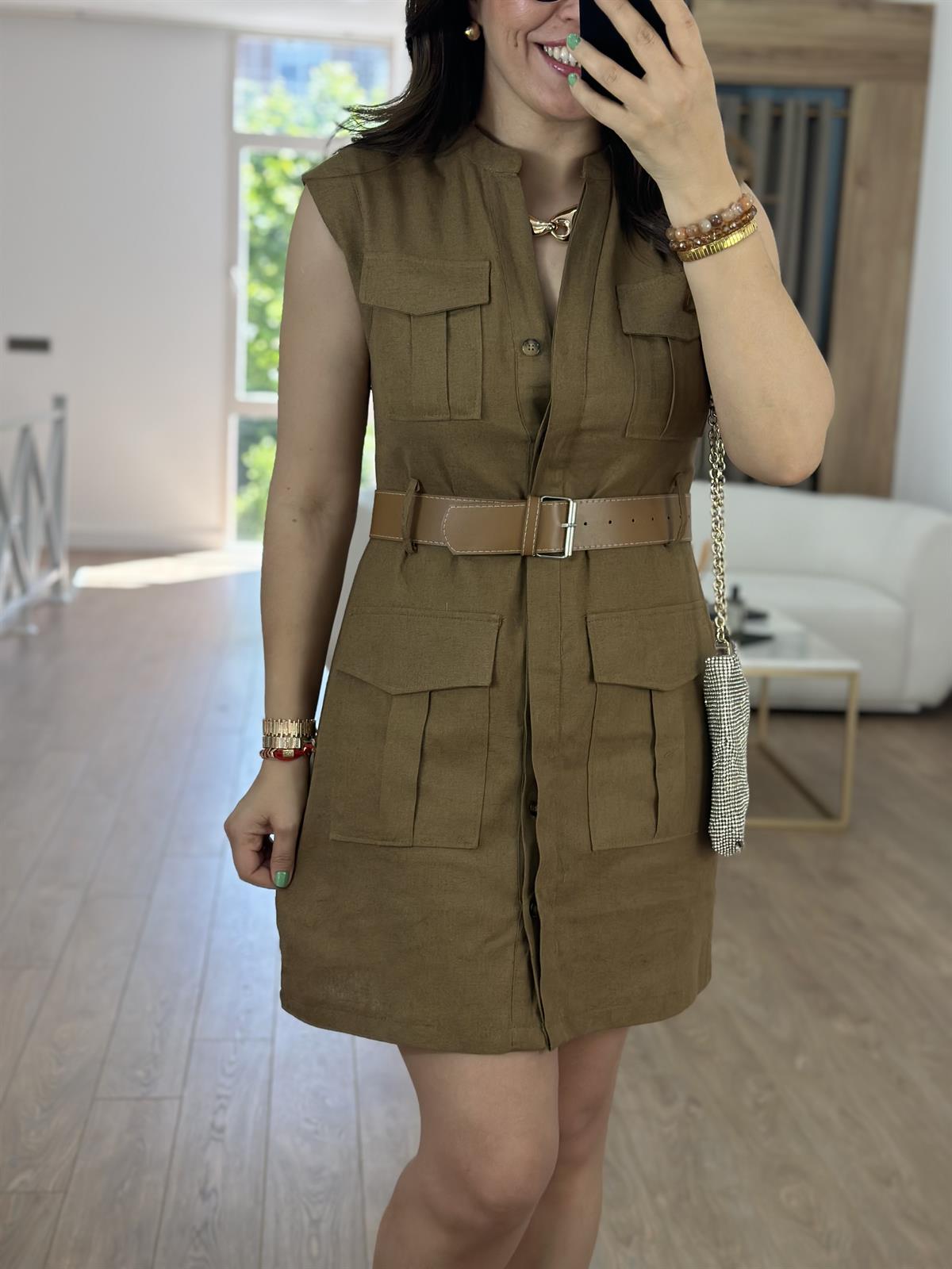 Kendinden Kemerli Keten Elbise-Kahverengi