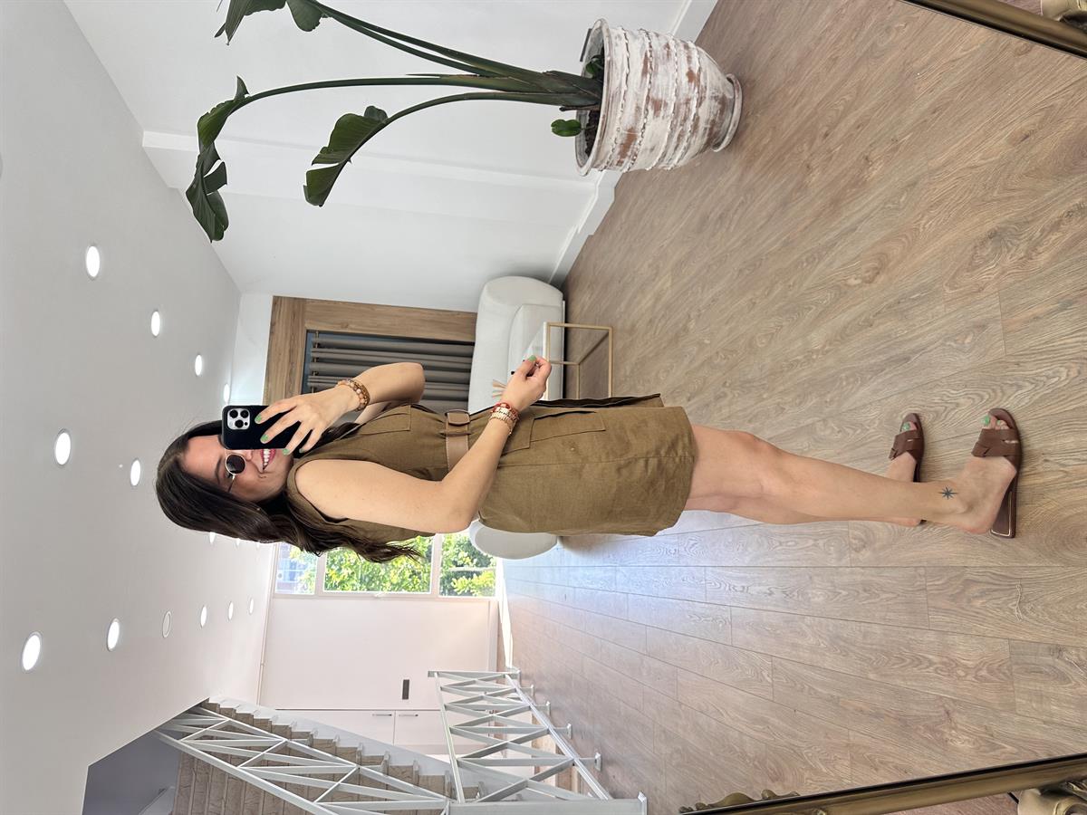 Kendinden Kemerli Keten Elbise-Kahverengi