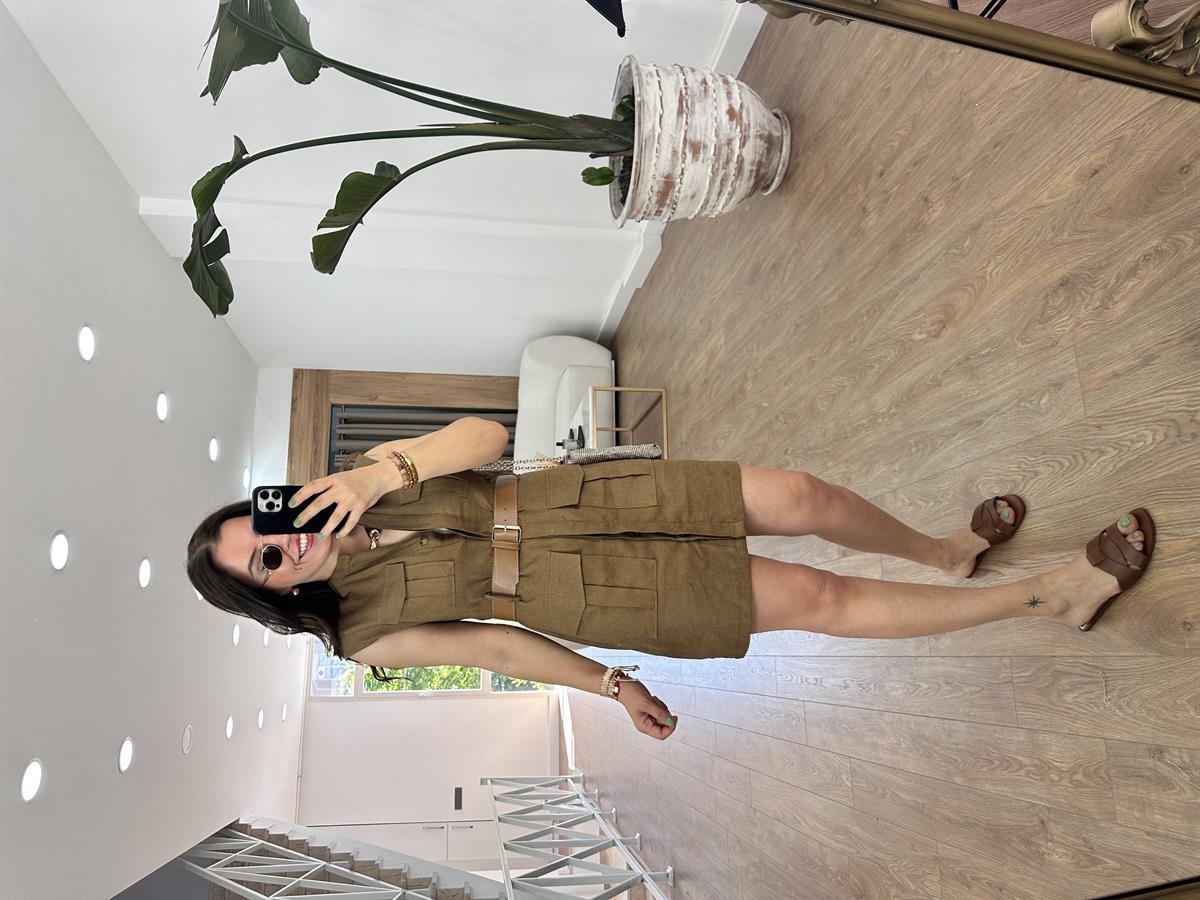 Kendinden Kemerli Keten Elbise-Kahverengi