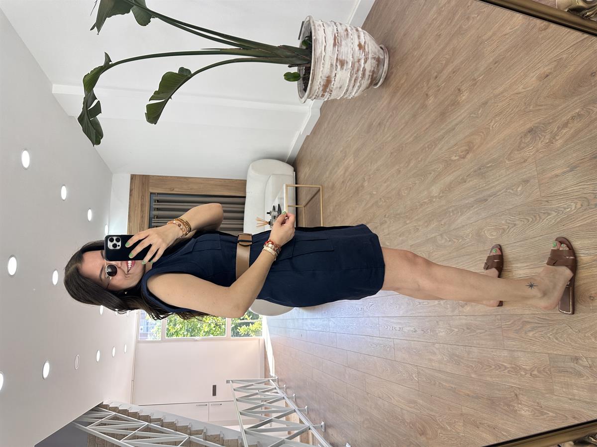 Kendinden Kemerli Keten Elbise-Lacivert