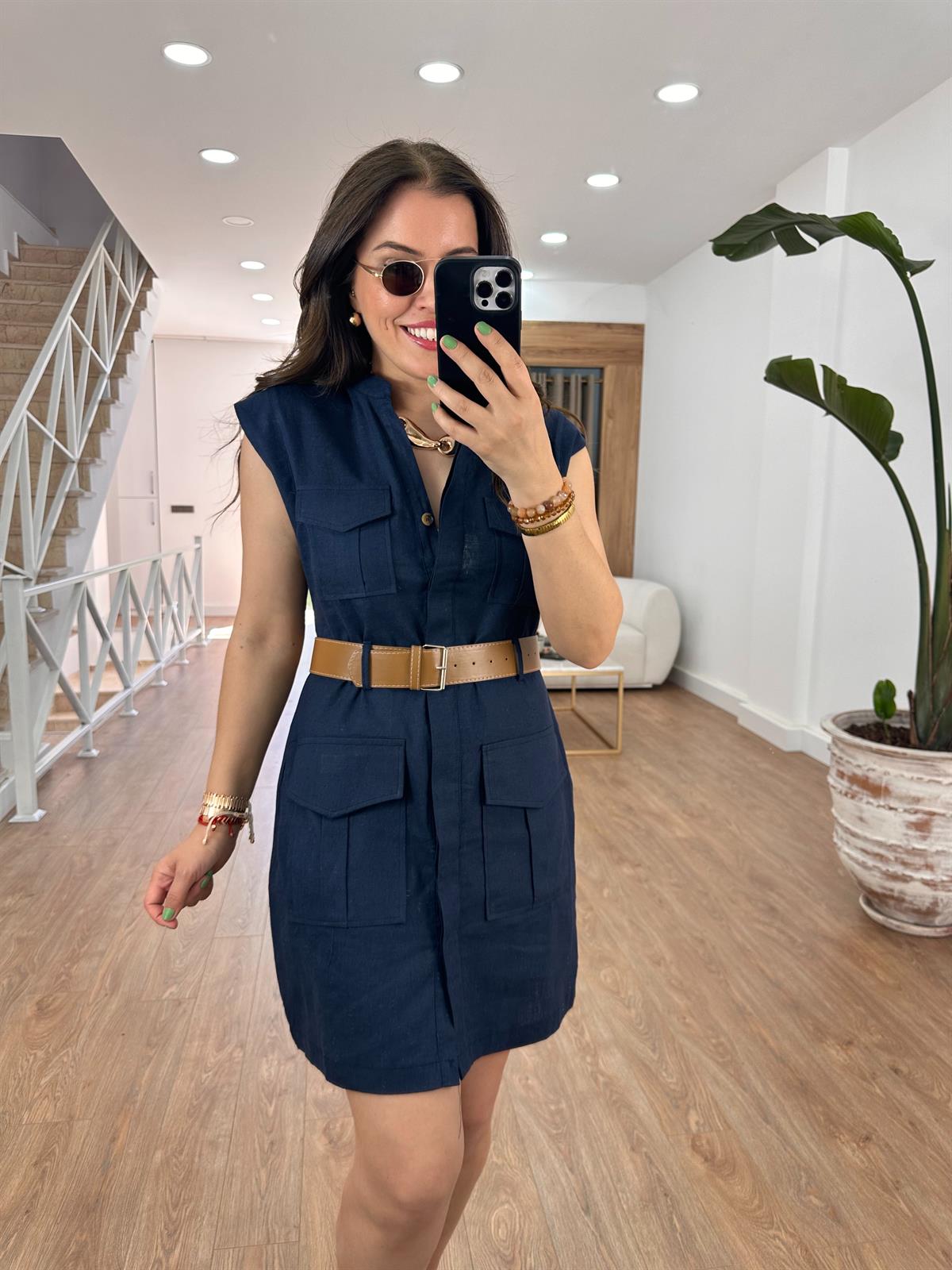 Kendinden Kemerli Keten Elbise-Lacivert