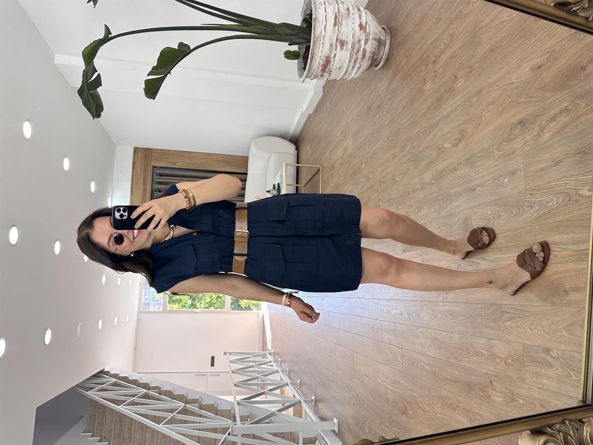 Kendinden Kemerli Keten Elbise-Lacivert