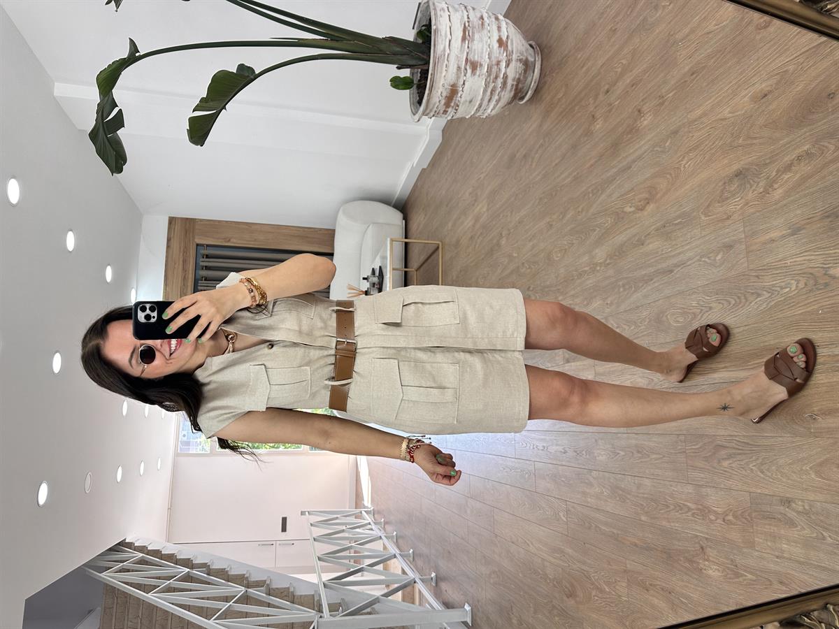 Kendinden Kemerli Keten Elbise-Taş