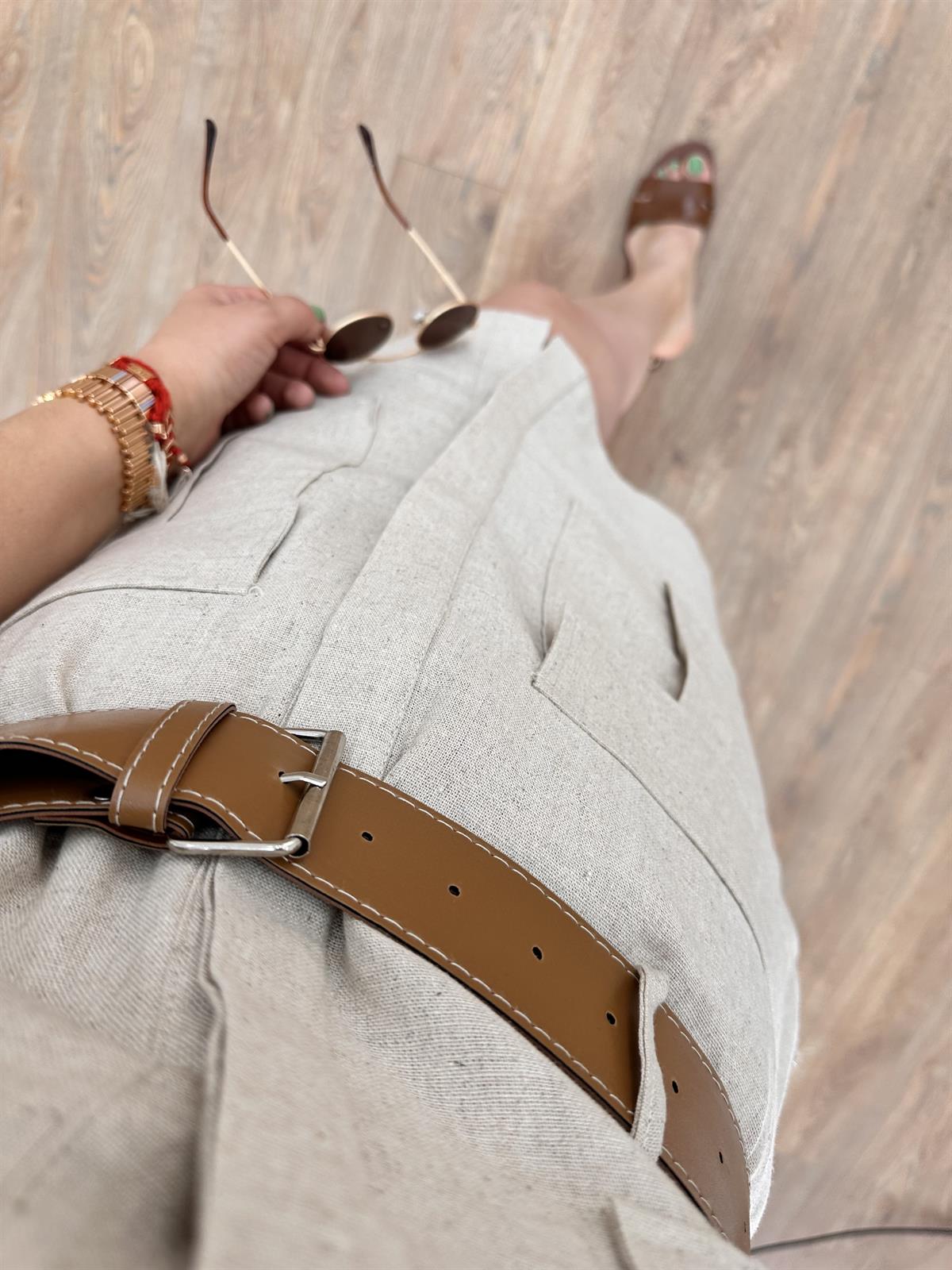 Kendinden Kemerli Keten Elbise-Taş