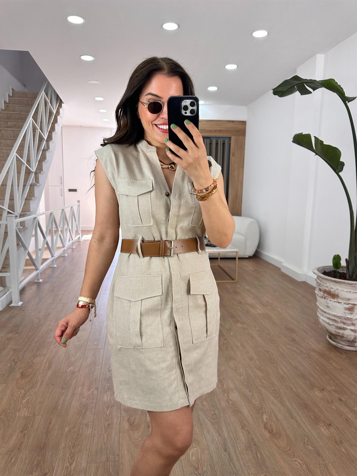 Kendinden Kemerli Keten Elbise-Taş