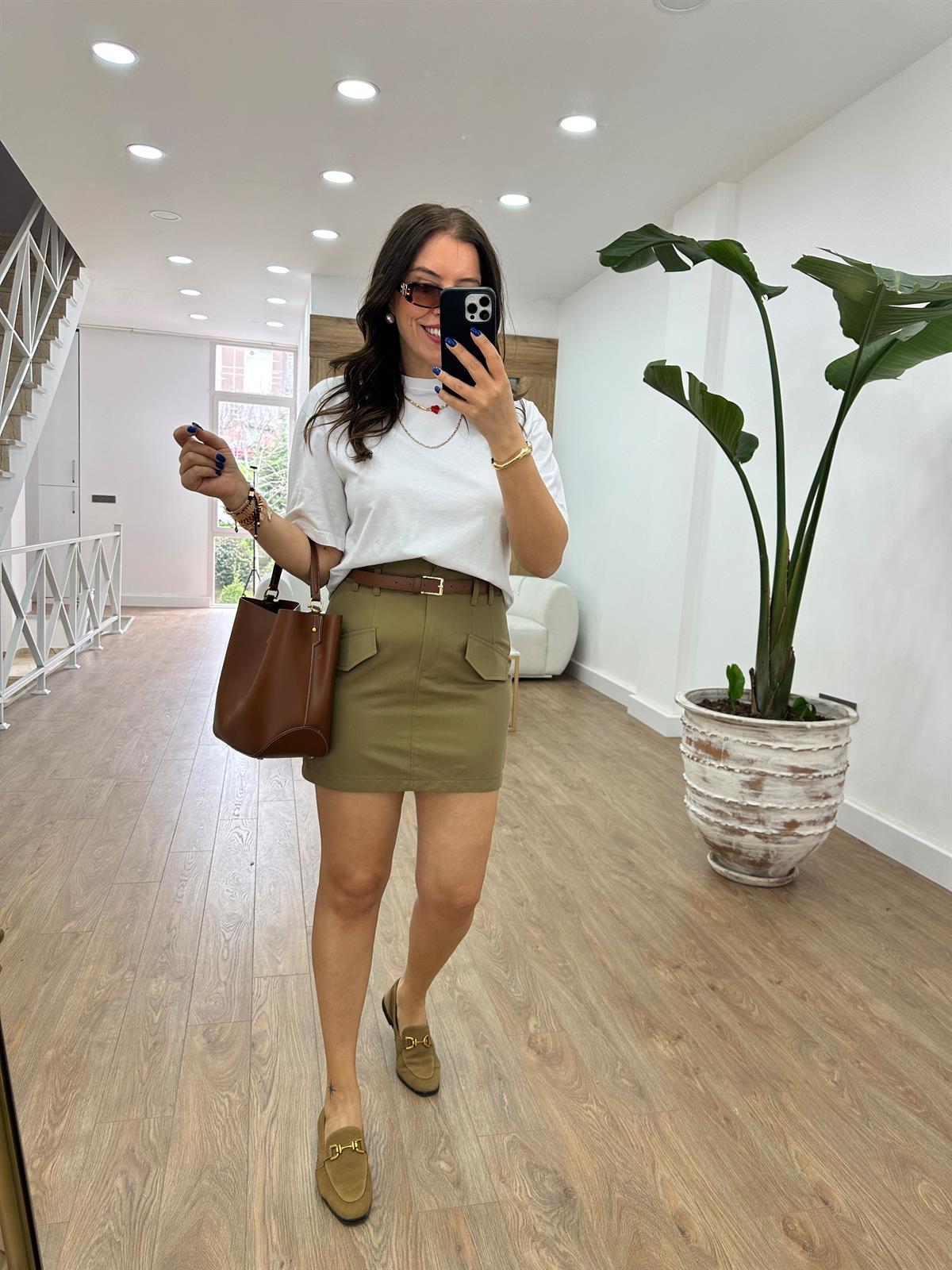 Kendinden Kemerli Pamuk Poplin Etek-Haki