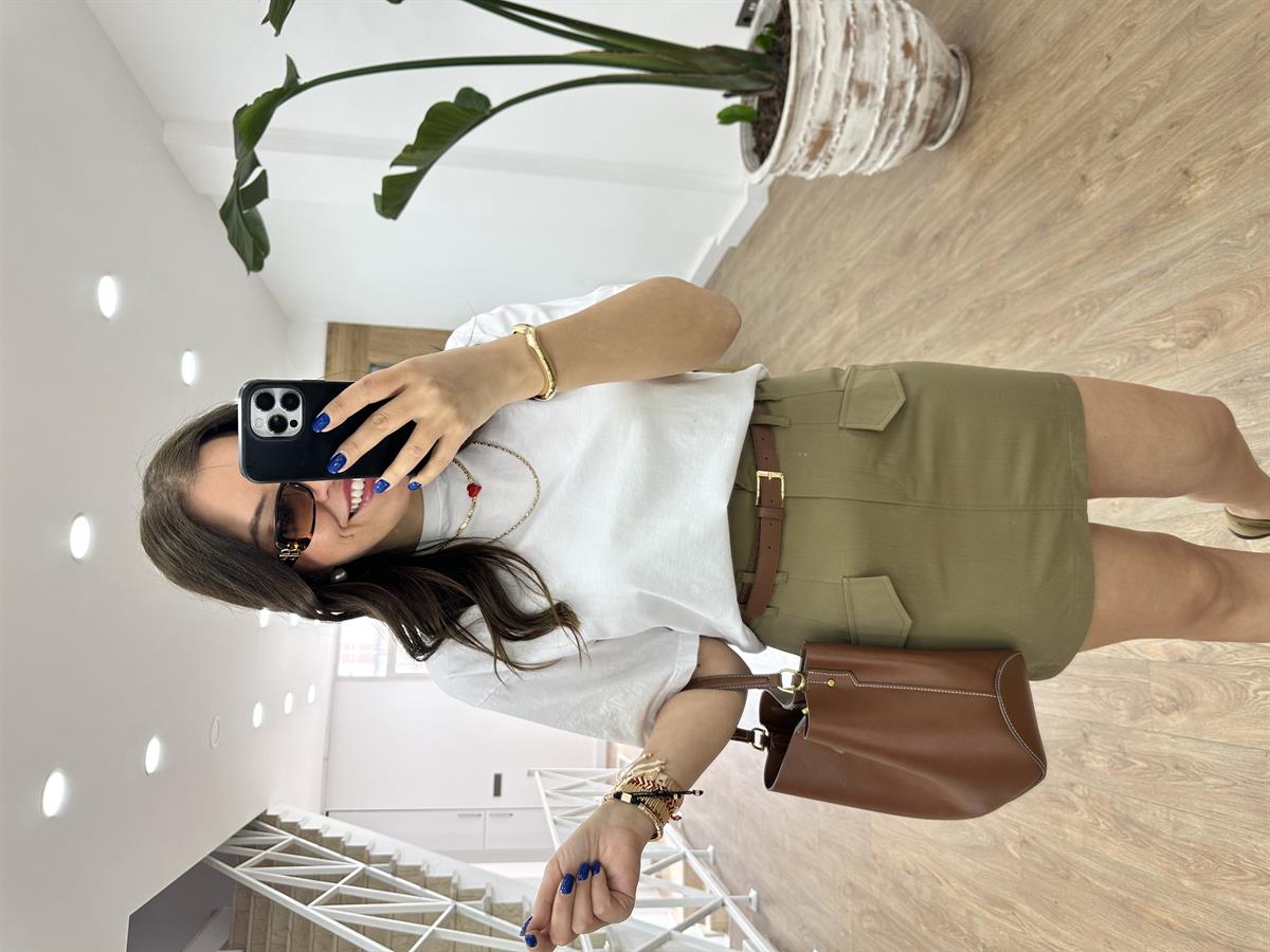 Kendinden Kemerli Pamuk Poplin Etek-Haki