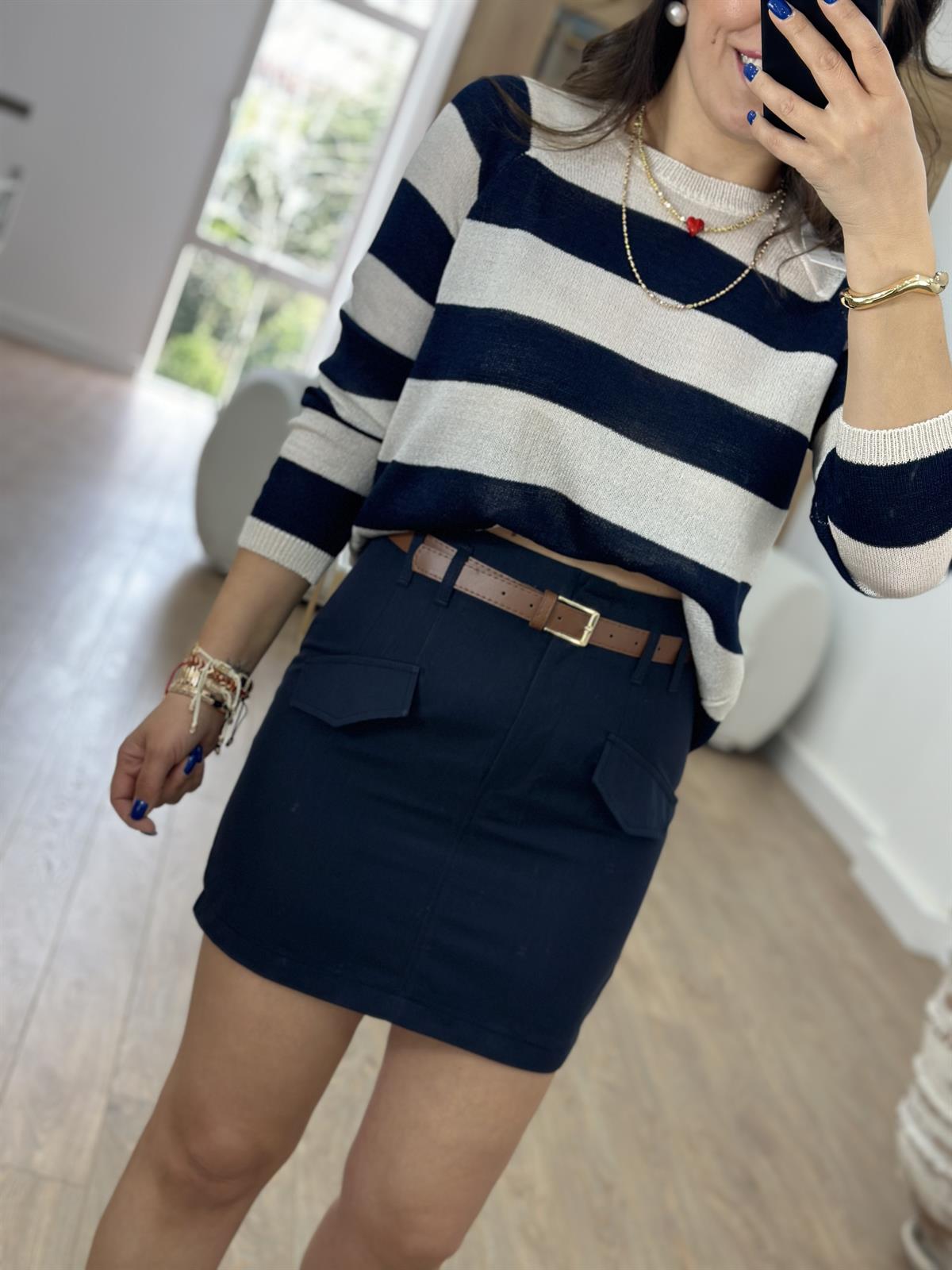 Kendinden Kemerli Pamuk Poplin Etek-Lacivert