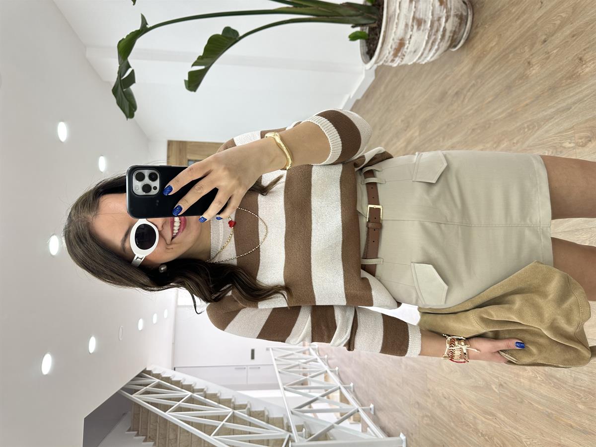 Kendinden Kemerli Pamuk Poplin Etek-Taş