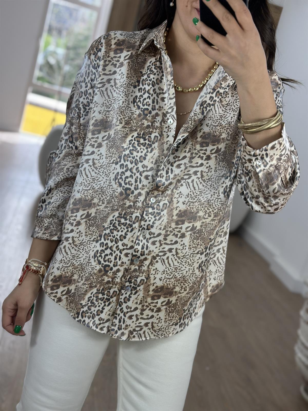 Kendinden Parlak Leopar Desenli Gömlek-Kahverengi
