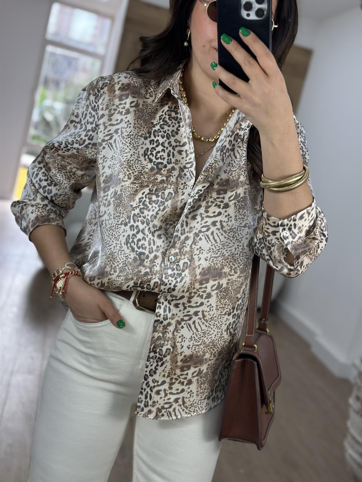 Kendinden Parlak Leopar Desenli Gömlek-Kahverengi