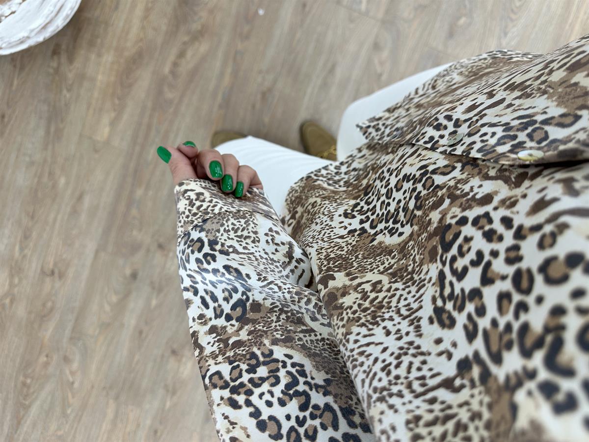 Kendinden Parlak Leopar Desenli Gömlek-Kahverengi