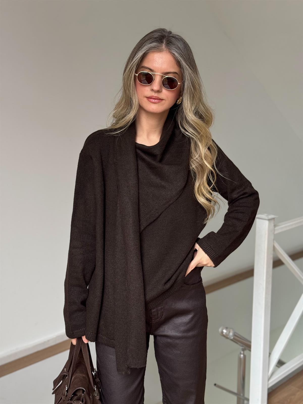 Kendinden Şallı Kazak - Kahverengi