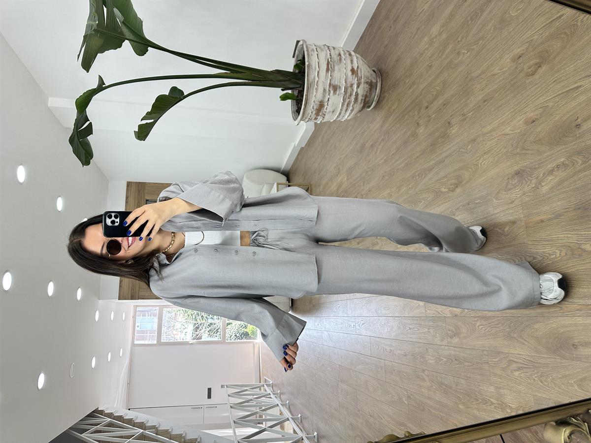 Keten Dokuda Gömlekli Takım-Gri