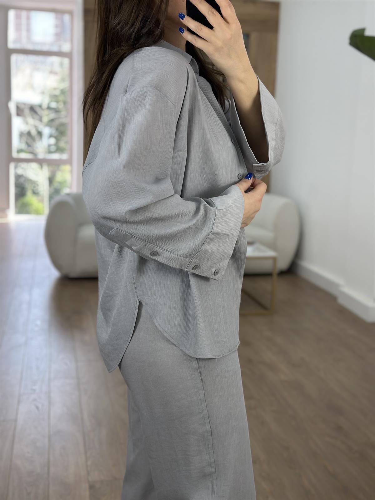 Keten Dokuda Gömlekli Takım-Gri