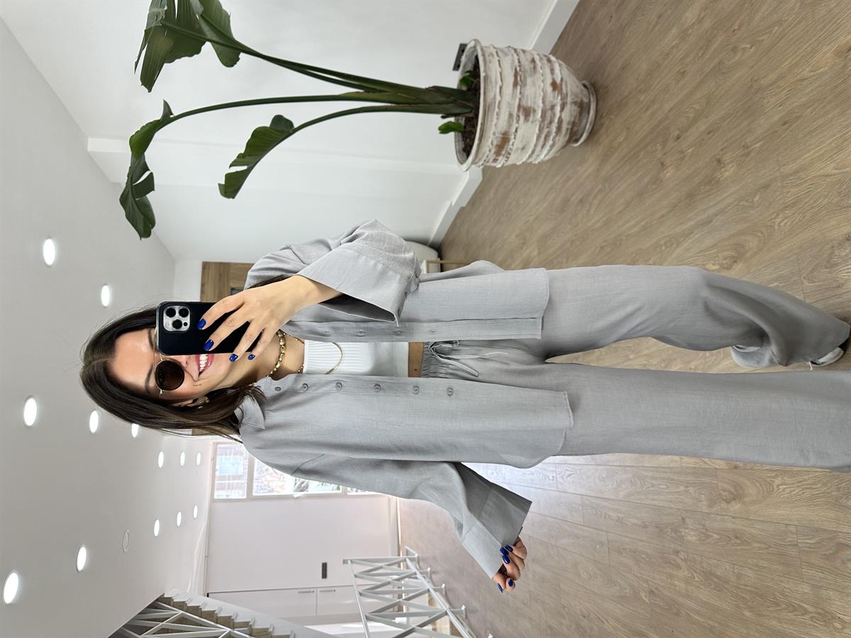 Keten Dokuda Gömlekli Takım-Gri