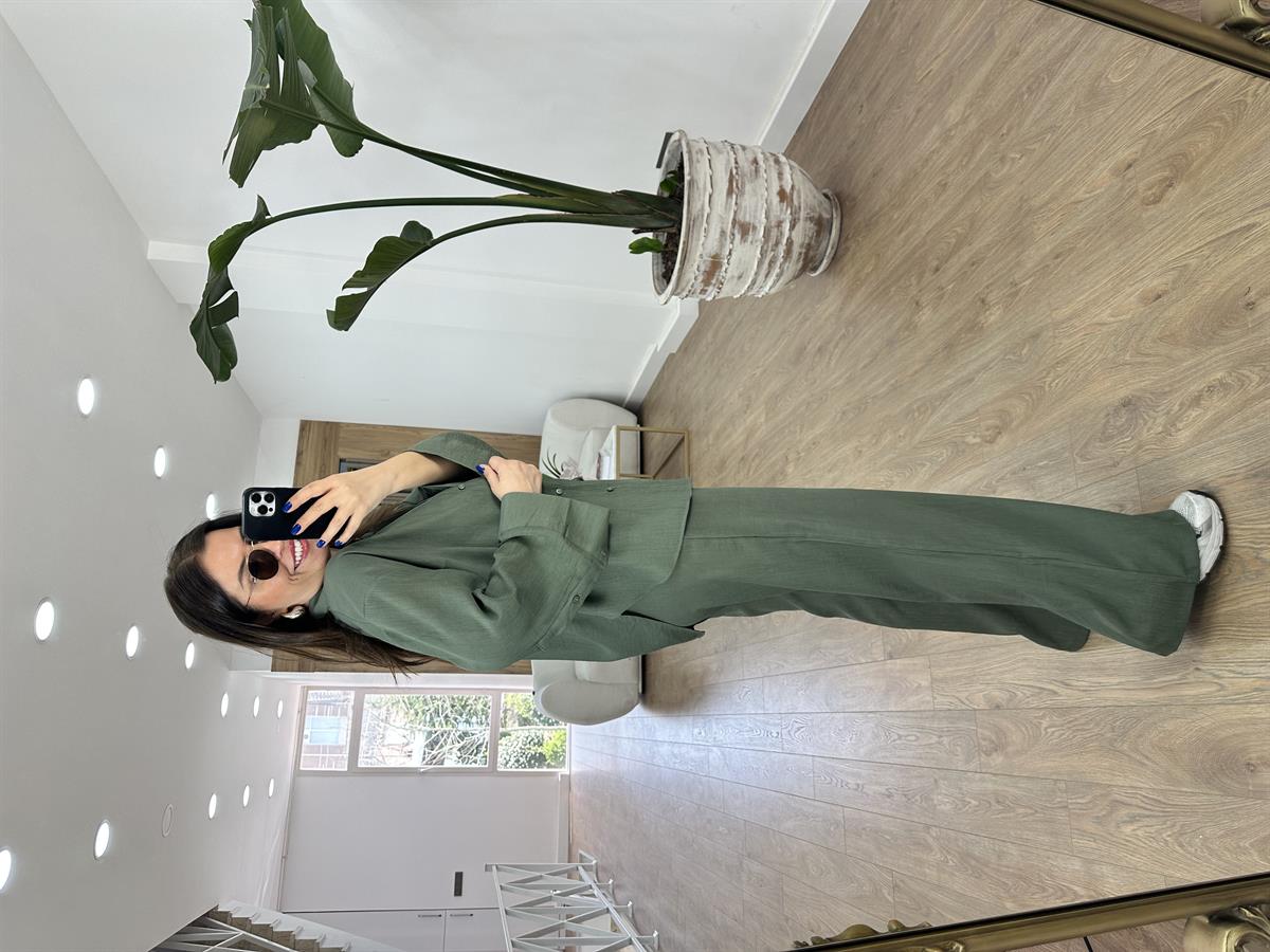 Keten Dokuda Gömlekli Takım-Yeşil