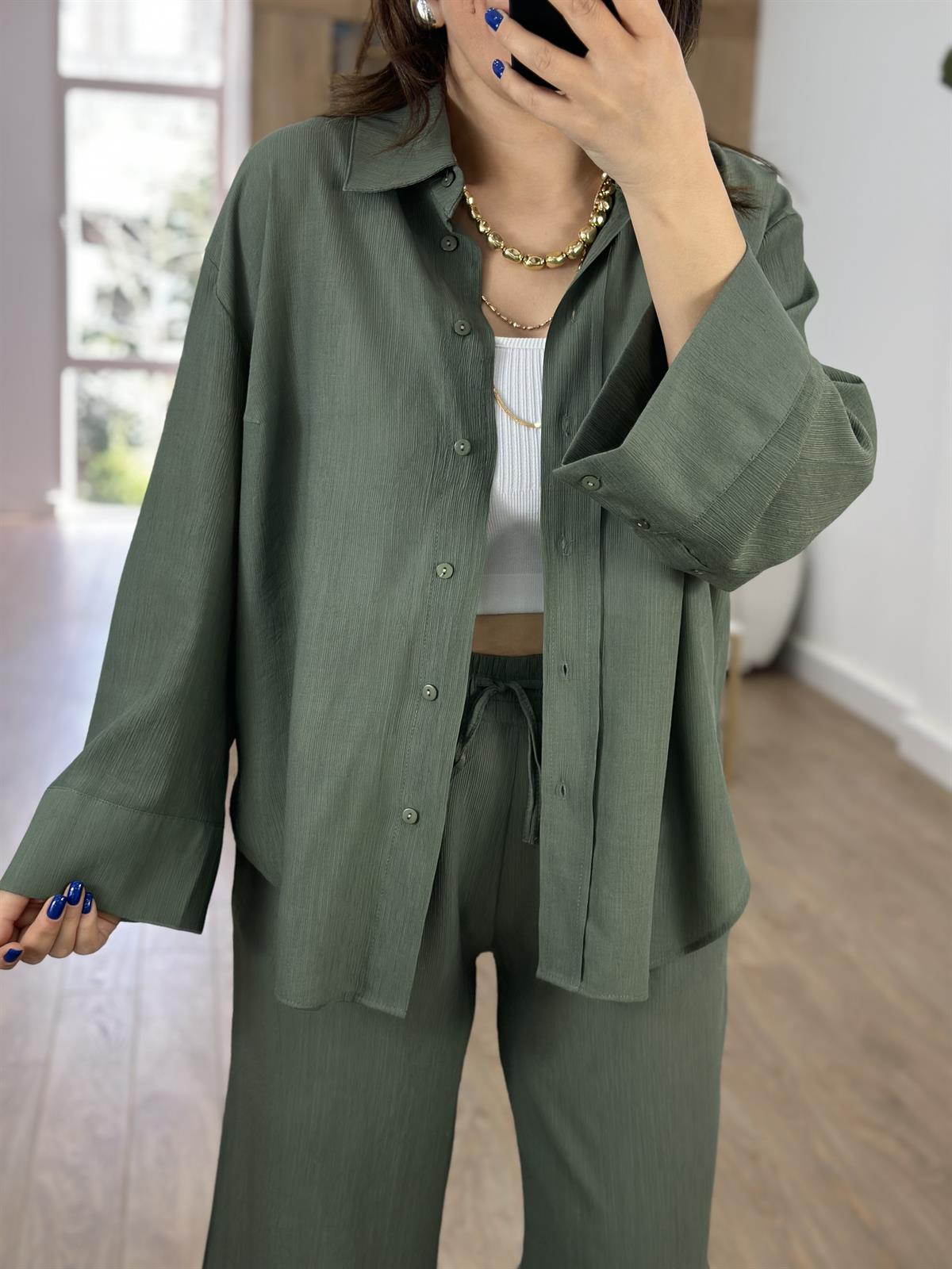 Keten Dokuda Gömlekli Takım-Yeşil