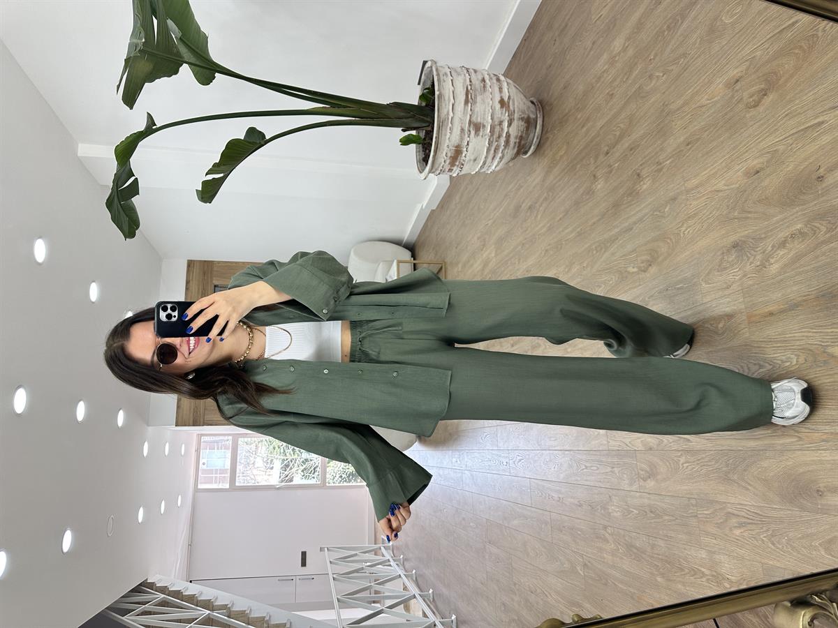 Keten Dokuda Gömlekli Takım-Yeşil