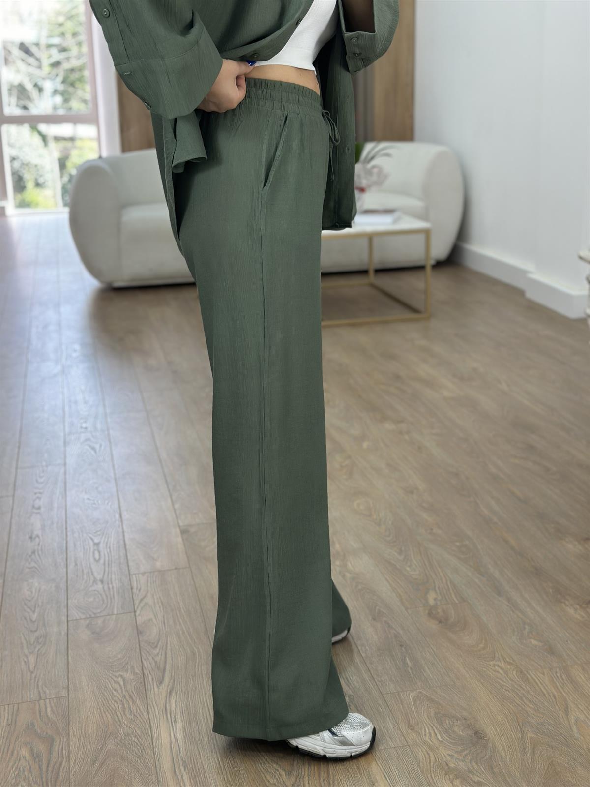 Keten Dokuda Gömlekli Takım-Yeşil