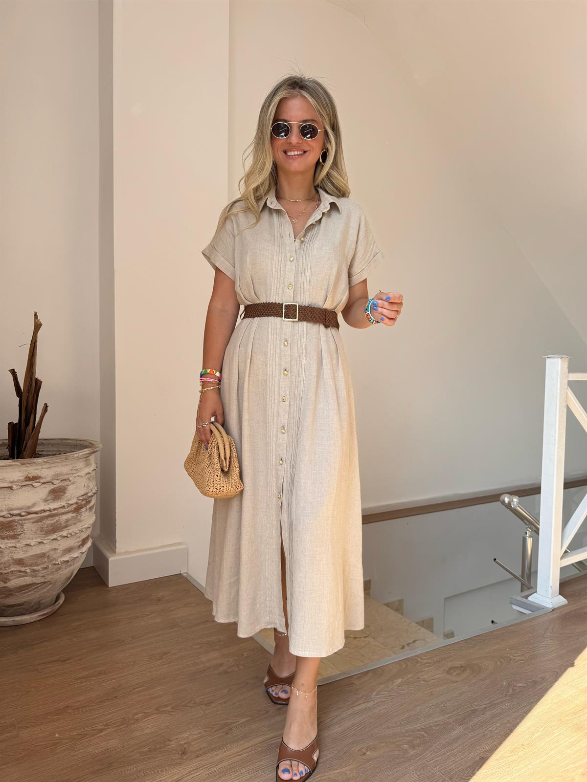 Keten Kemerli Düğmeli Midi Elbise 