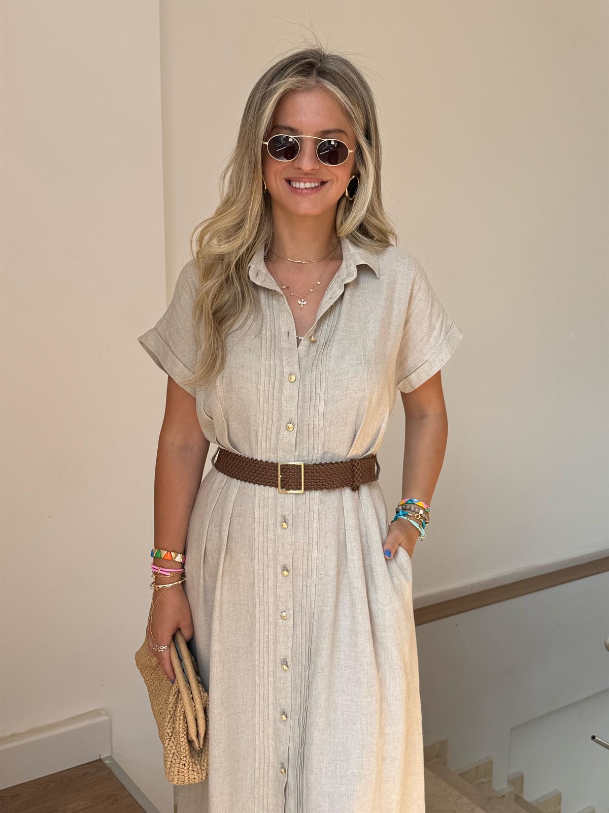 Keten Kemerli Düğmeli Midi Elbise 