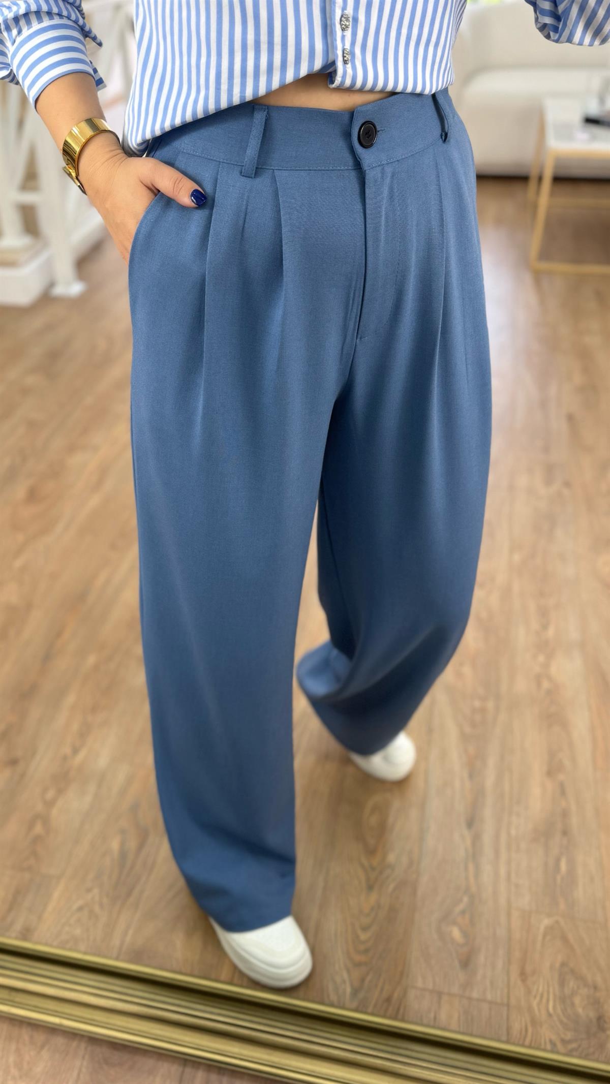 Keten Palazzo Pantolon-Mavi