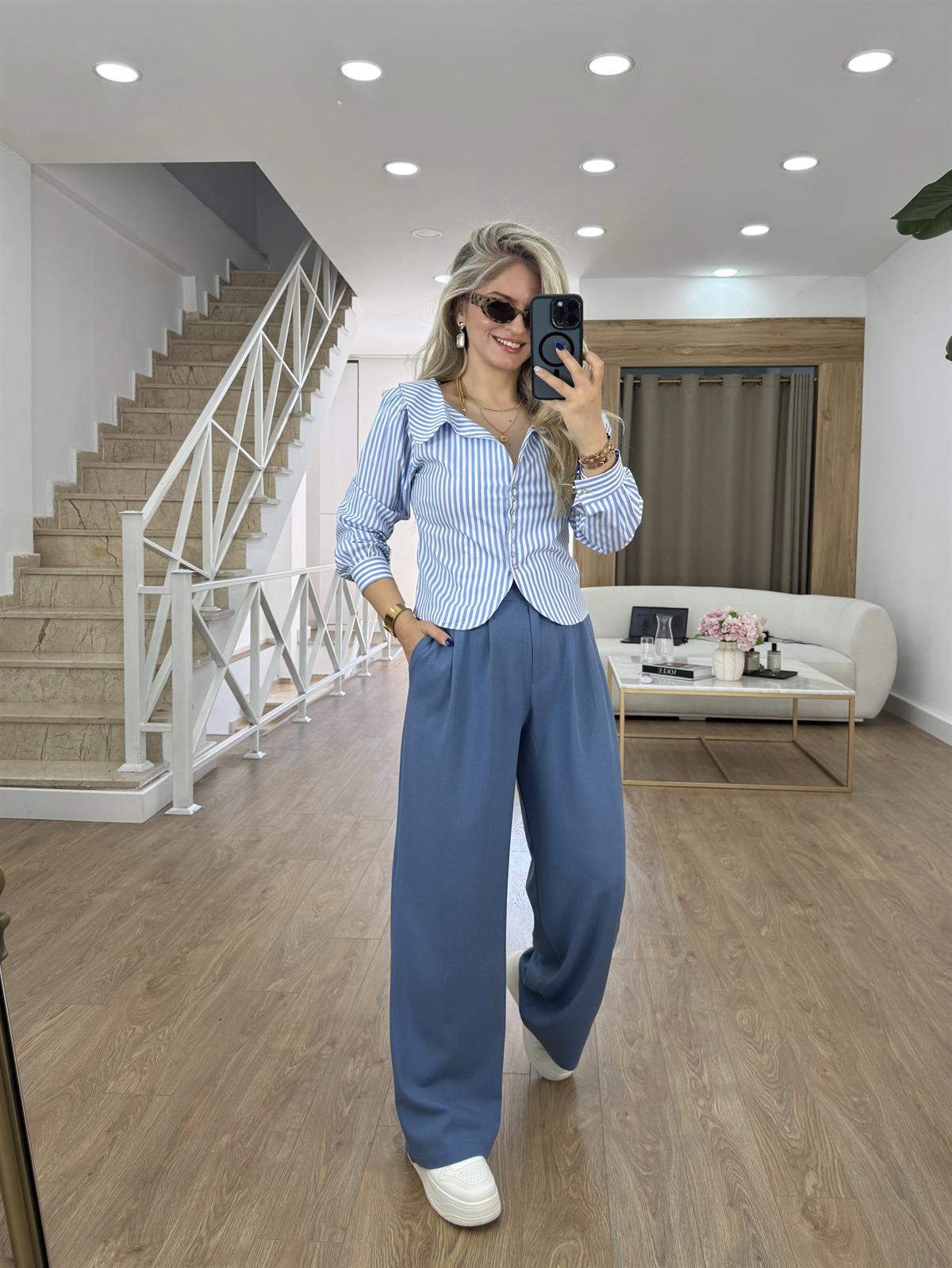 Keten Palazzo Pantolon-Mavi