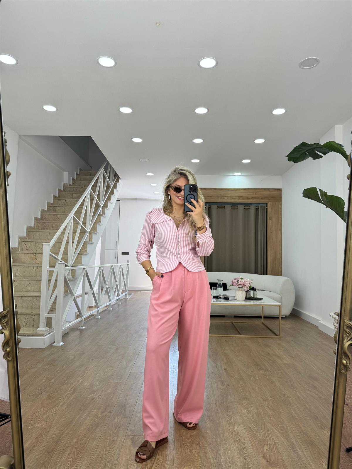 Keten Palazzo Pantolon-Pembe