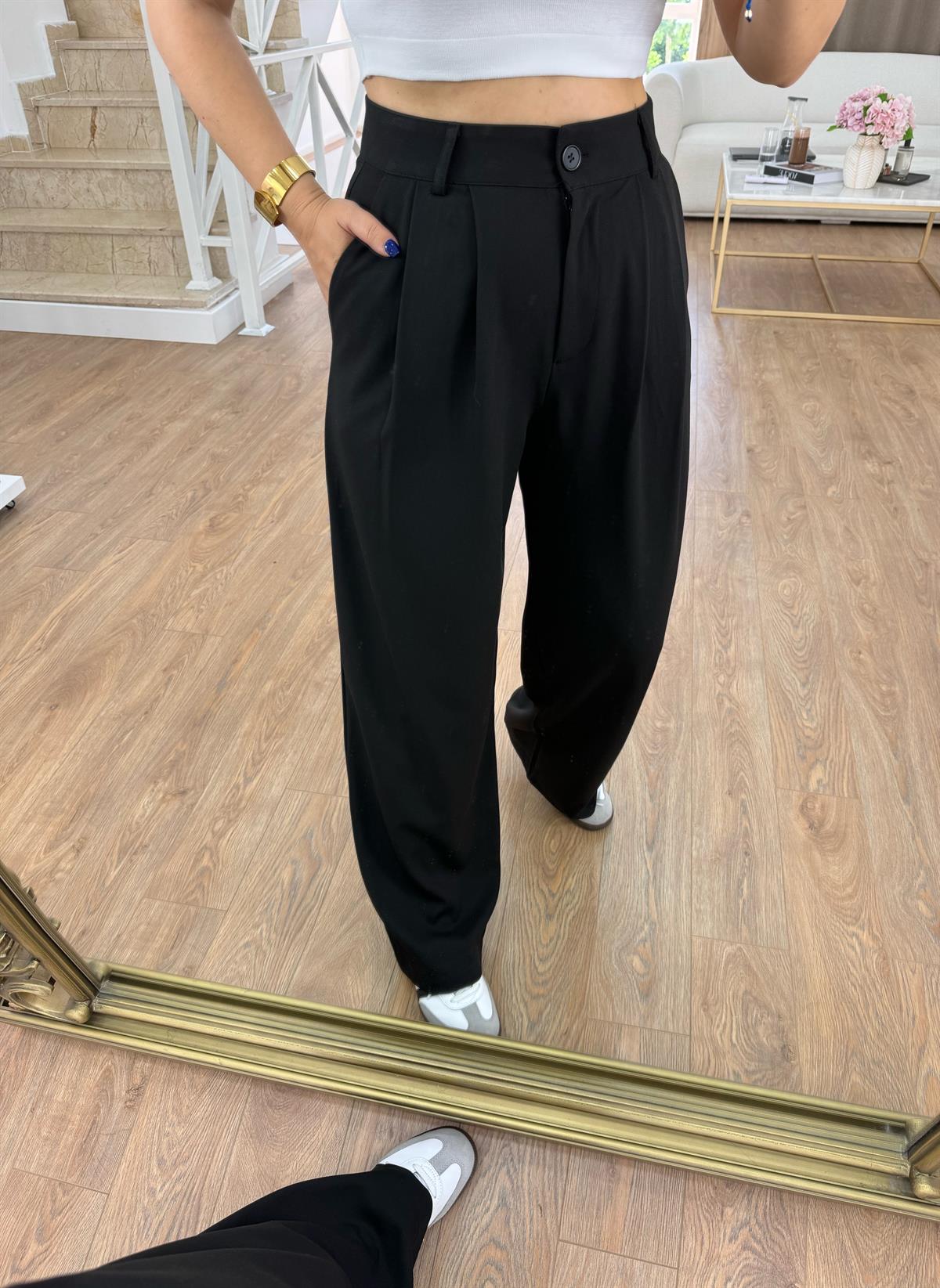 Keten Palazzo Pantolon-Siyah