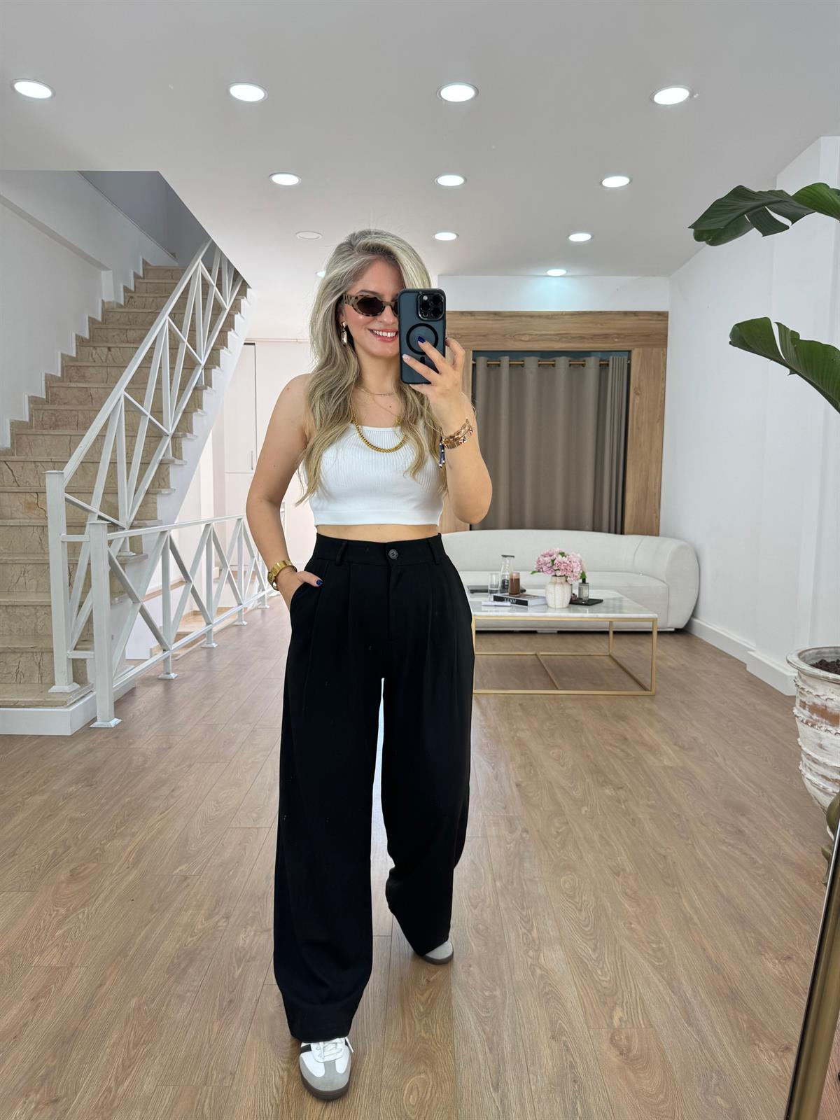 Keten Palazzo Pantolon-Siyah