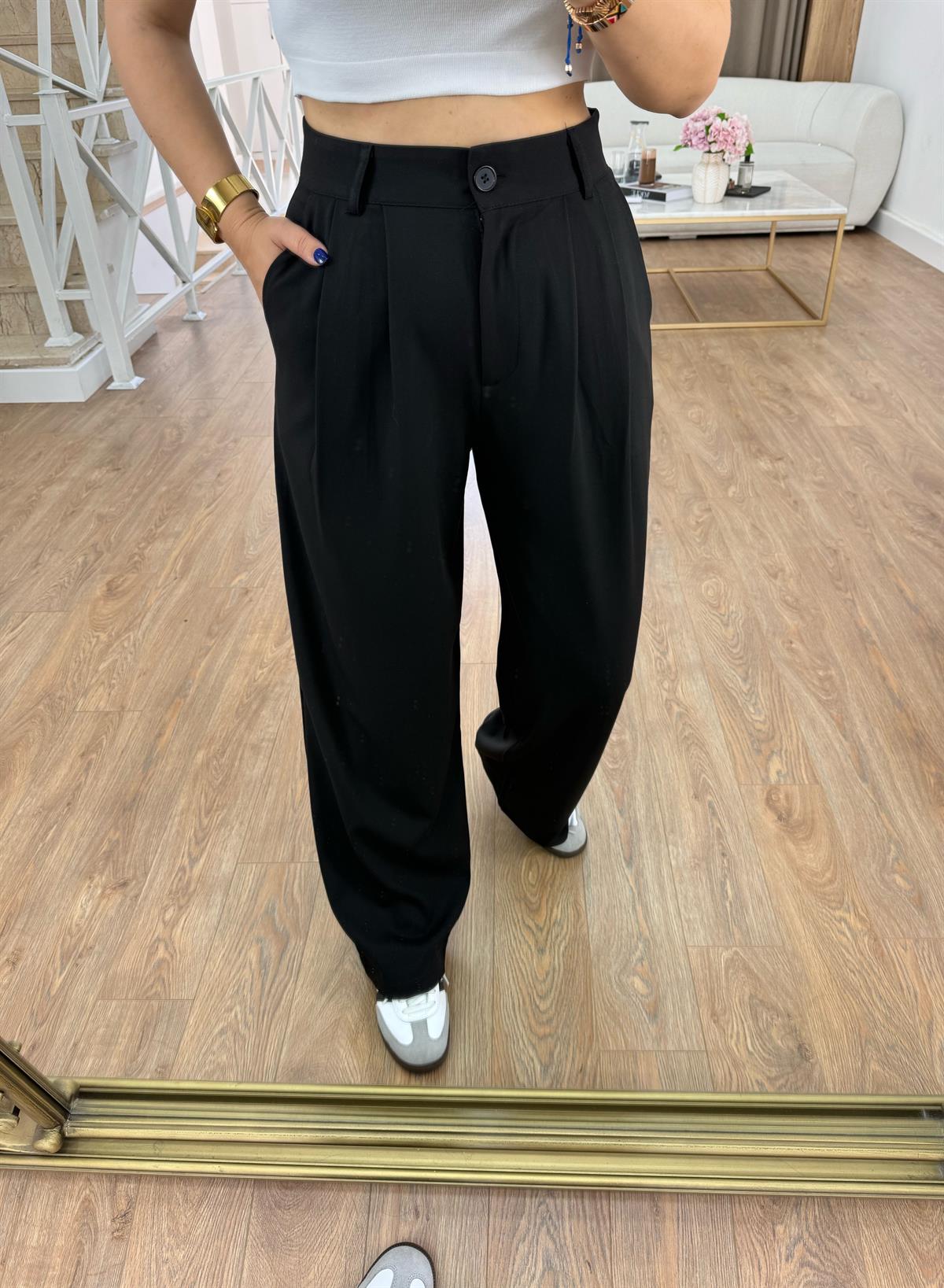 Keten Palazzo Pantolon-Siyah