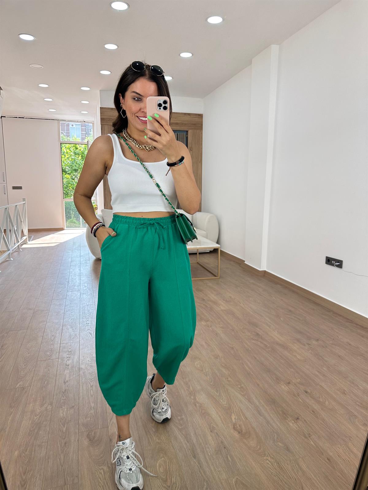 Keten Şalvar Pantolon-Çimen Yeşili