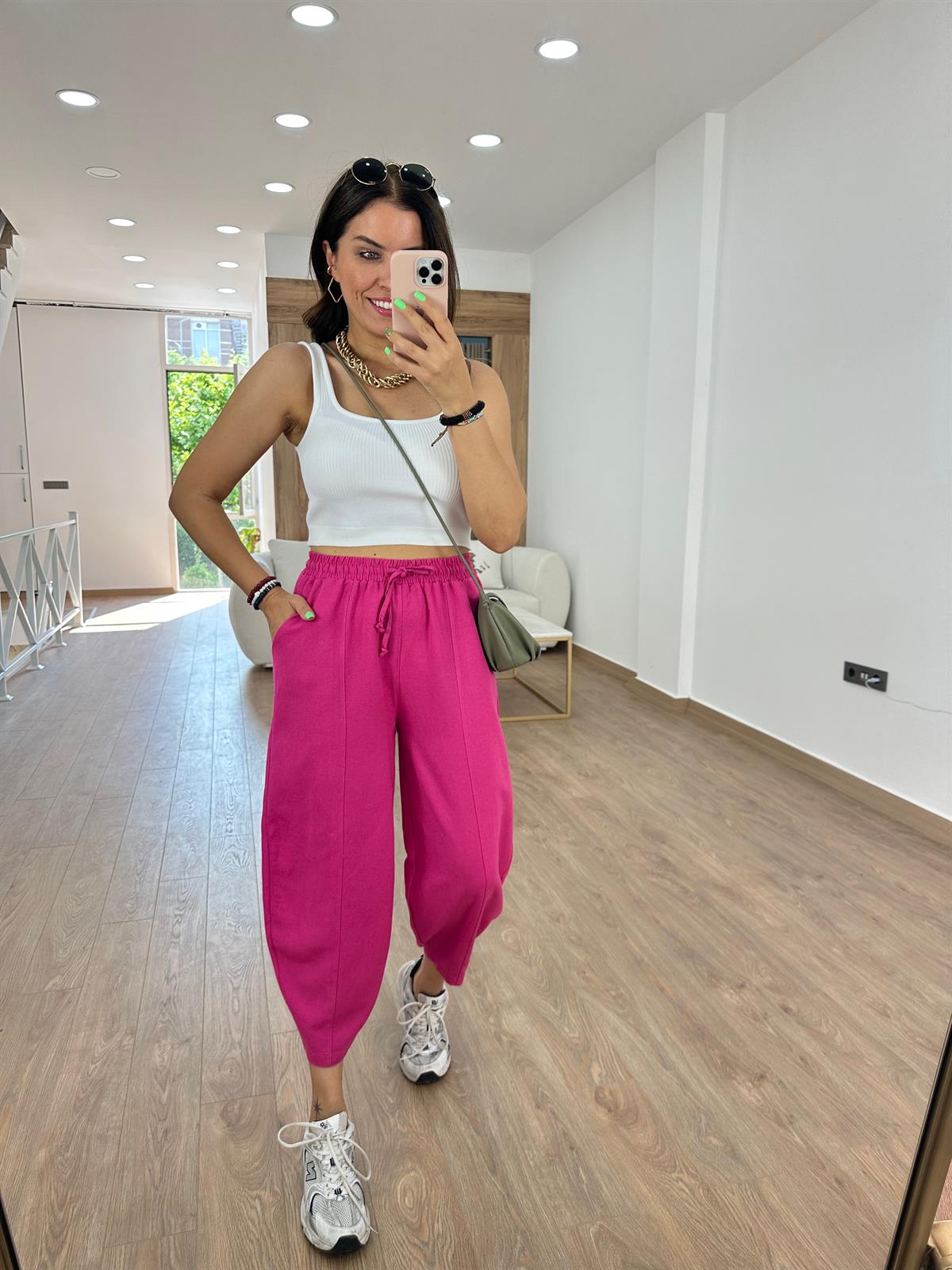 Keten Şalvar Pantolon-Fuşya