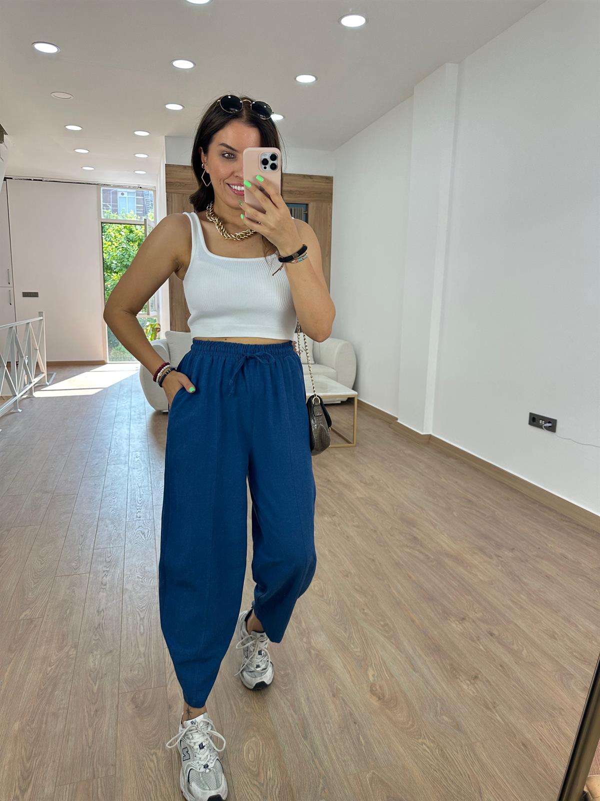 Keten Şalvar Pantolon-Lacivert