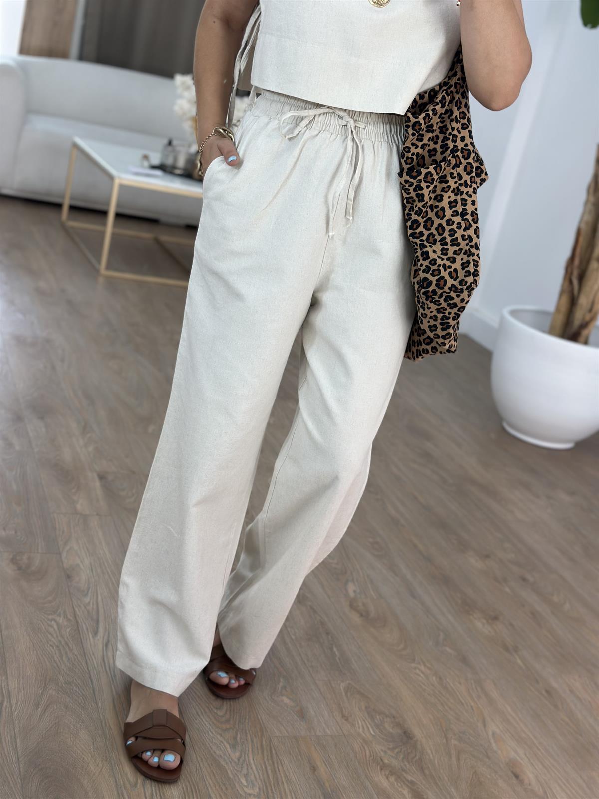 Keten Vatkalı Crop Pantolon Takım - Ekru